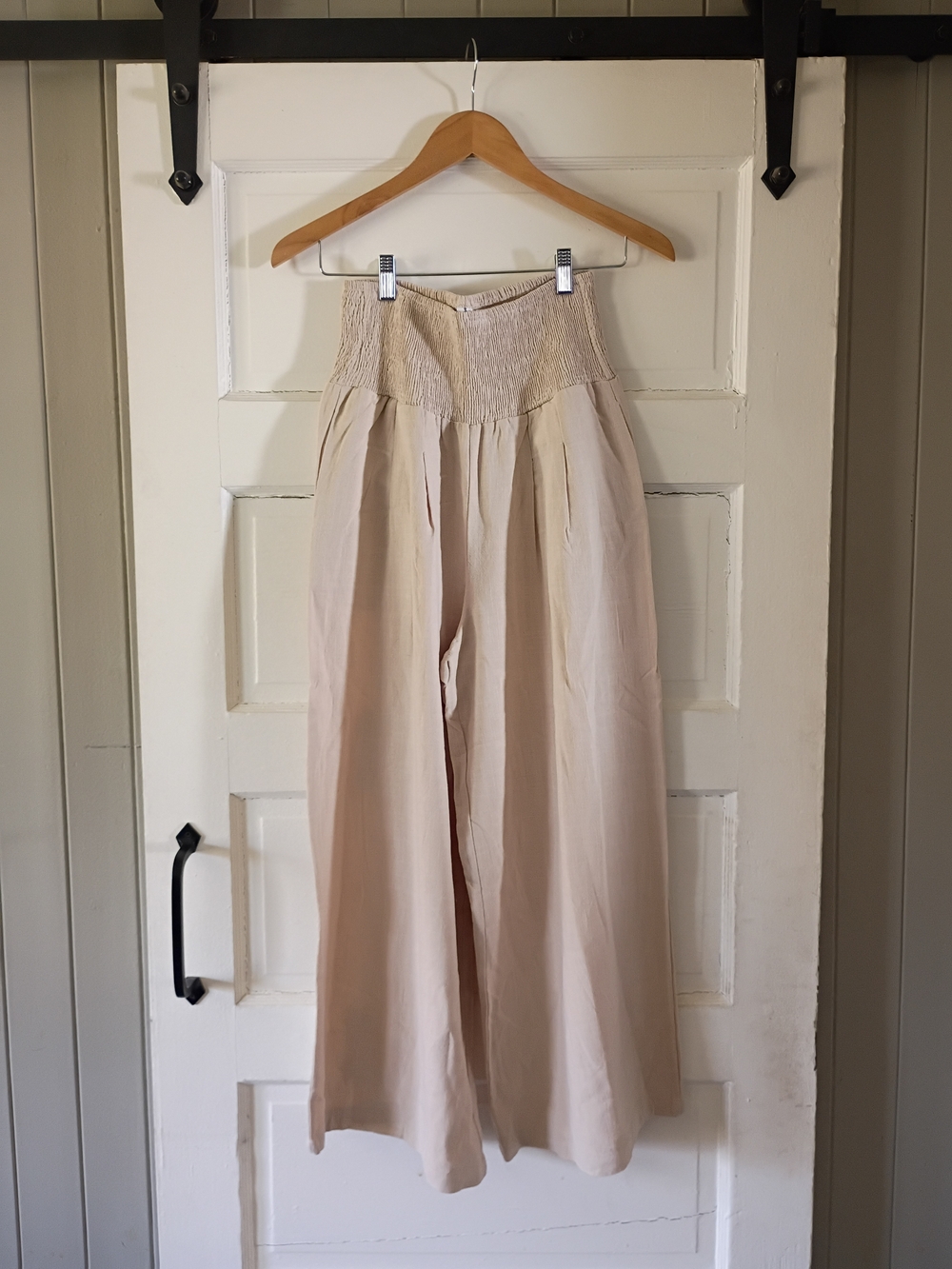 High-Waist Smocked Wide-Leg Pants in Light Beige